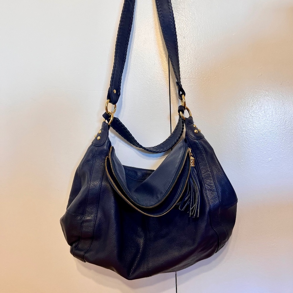 Anna Ehrlich Navy Leather Hobo Bag with Gold Accents and Tassel